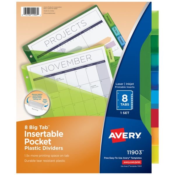 Avery Big Tab Insertable Plastic Dividers with Pocketsfor Laser and Inkjet Printers
