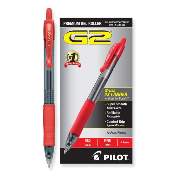 Loading...Pilot G2 Retractable Gel Pens, Fine Point, 0.7 mm, Clear Barrels, Red Ink, Pack Of 12 Pens