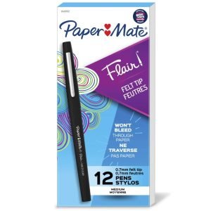 Paper Mate Flair Porous-Point Pens, Medium Point, 0.7 mm, Black Barrel, Black Ink, Pack Of 12 Pens