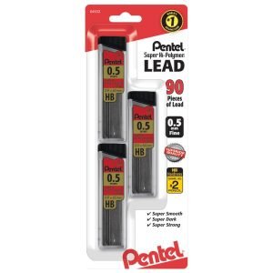 Pentel Super Hi-Polymer Leads, 0.5 mm, HB, 30 Leads Per Tube, Pack Of 3 Tubes