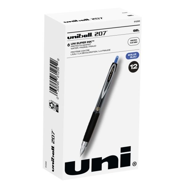 Loading...uniball 207 Retractable Fraud Prevention Gel Pens, Micro Point, 0.5 mm, Black Barrels, Blue Ink, Pack Of 12