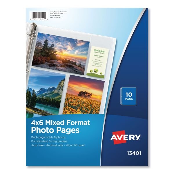 Avery Photo Storage Pages for Six 4 x 6 Mixed Format Photos, 3-Hole Punched, 10/Pack