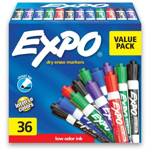 Loading...EXPO Low-Odor Dry-Erase Markers, Chisel Point, Assorted Colors, Pack Of 36