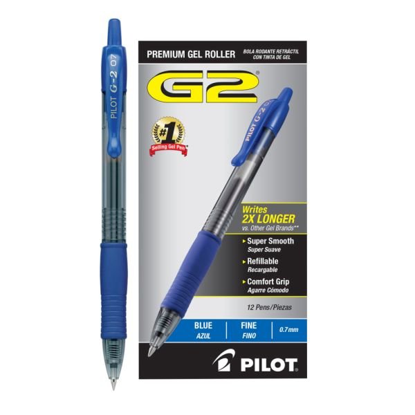 Loading...Pilot G2 Retractable Gel Pens, Fine Point, 0.7 mm, Clear Barrels, Blue Ink, Pack Of 12 Pens