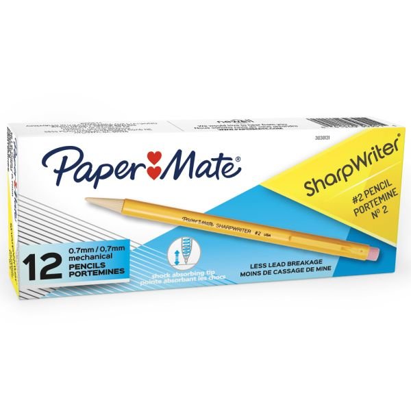 Paper Mate Sharpwriter Mechanical Pencils, 0.7mm, #2 Lead, Yellow Barrel, Pack Of 12